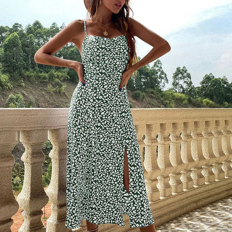 Hawaiian Ditsy Hibiscus Print Flowery Girl Midi Floral Garden Dress Side Slit