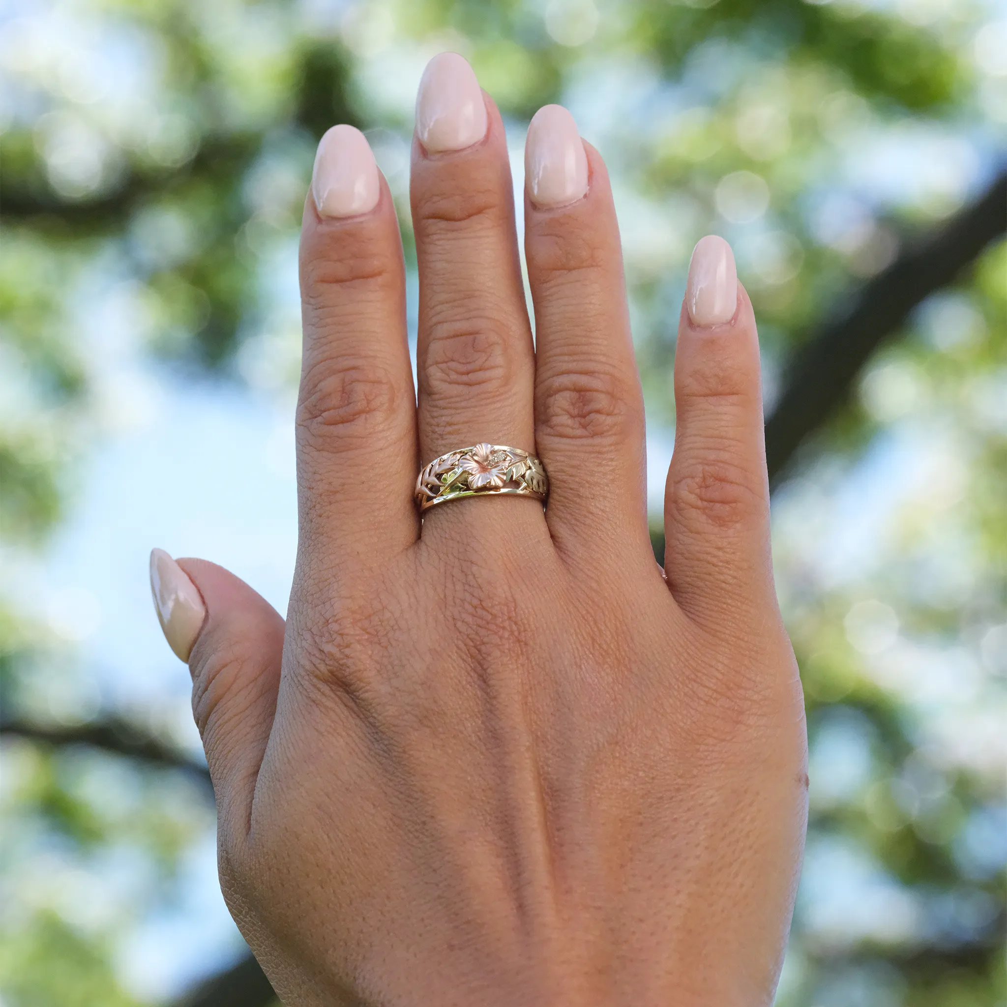 Hawaiian Gardens Hibiscus Ring in Tri Color Gold with Diamonds - 8mm