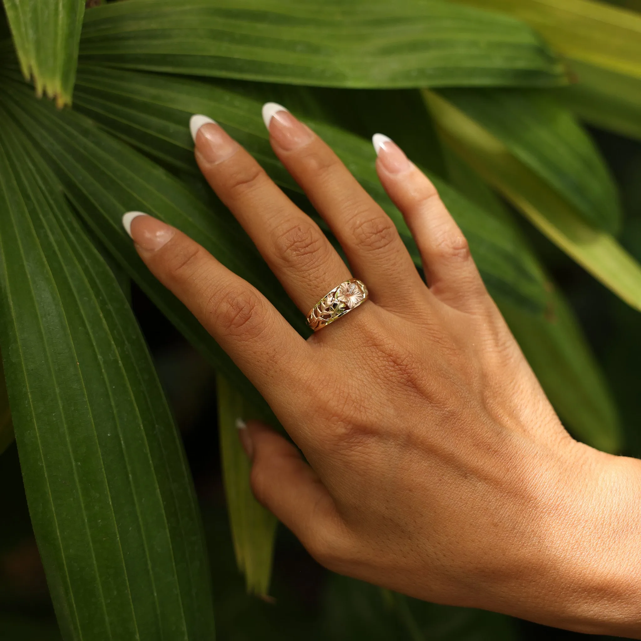 Hawaiian Gardens Hibiscus Ring in Tri Color Gold with Diamonds - 8mm