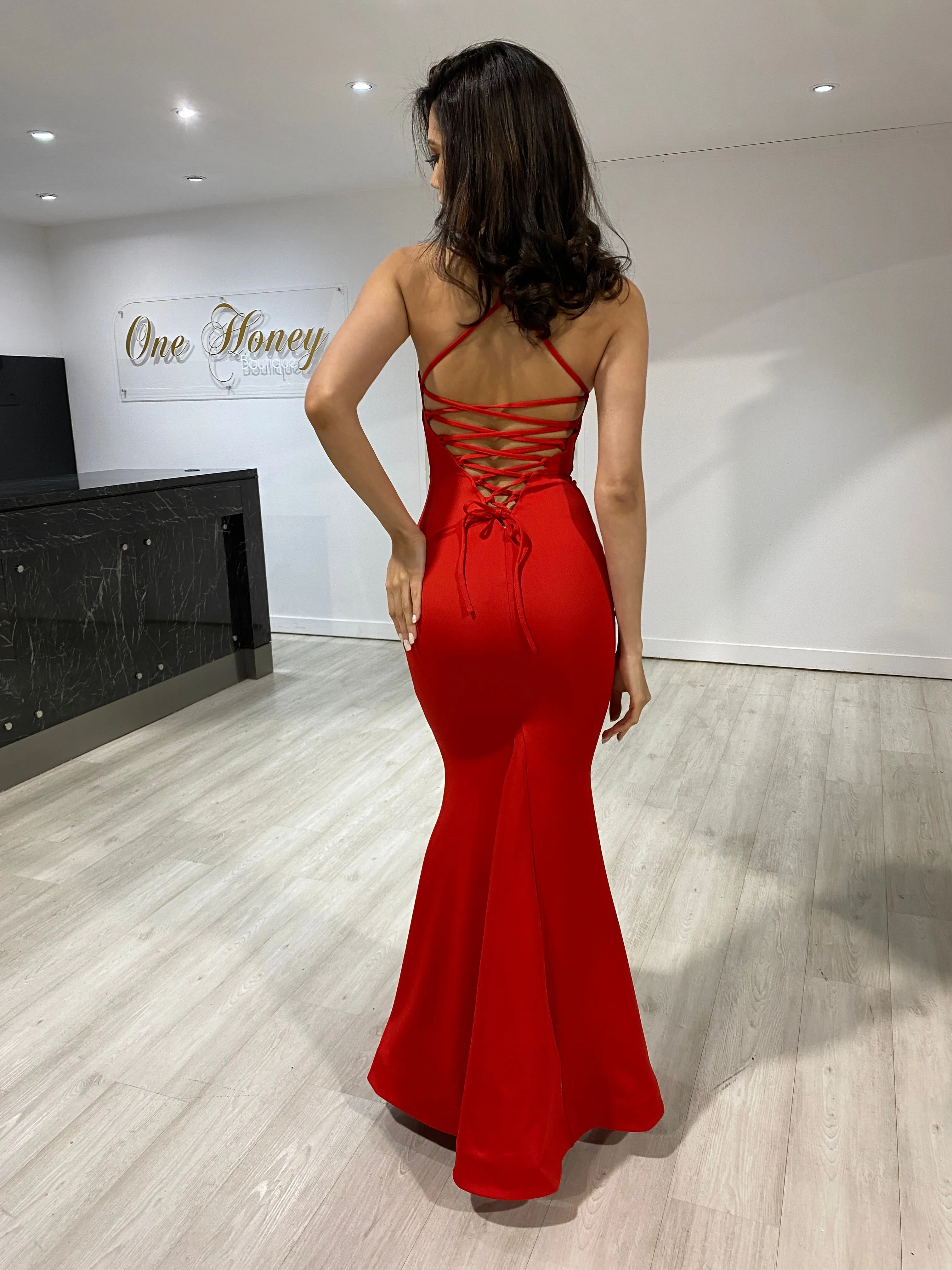 Honey Couture DESERIEE Red Open Lace Up Back Mermaid Formal Dress
