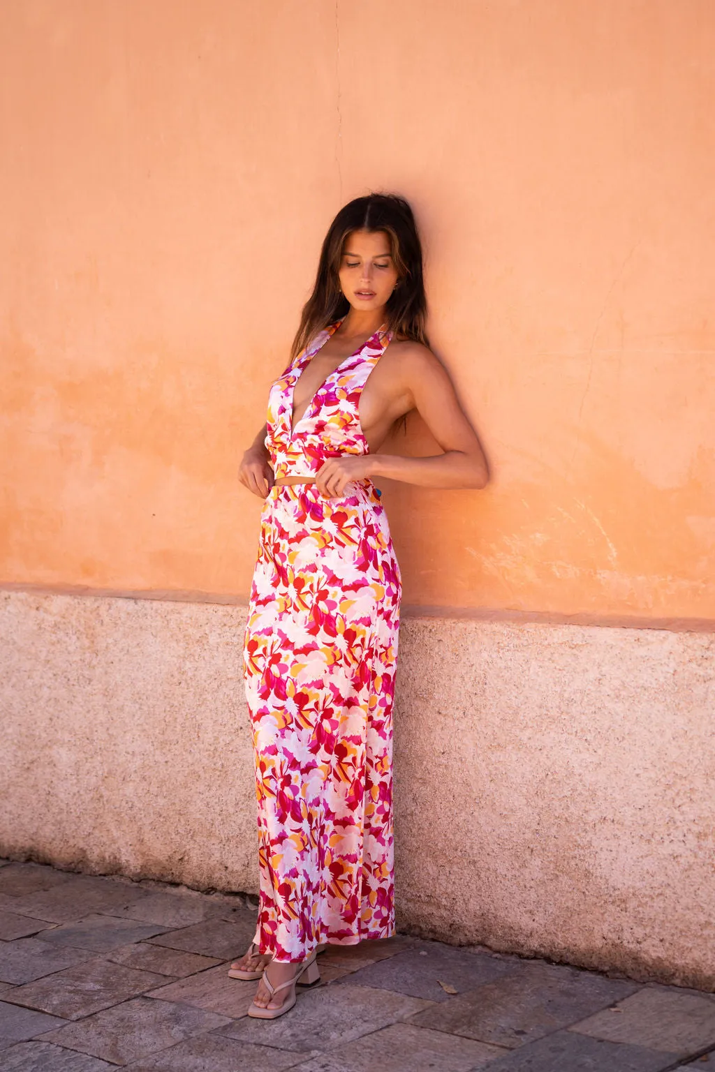 Joelle Pink Floral Halter Crop Top