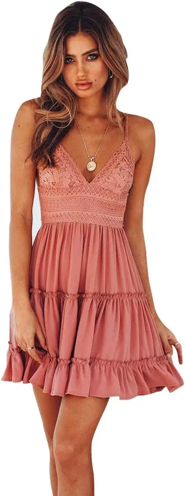 KIDSA Womens Slip Dresses Sexy V Neck Off Shoulder Mini Flared Crochet Backless Summer Sundresses Dress