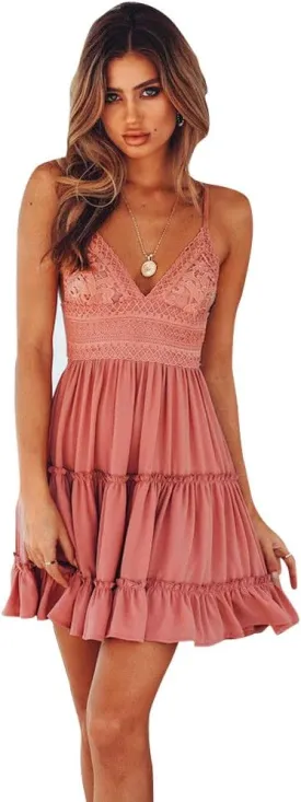 KIDSA Womens Slip Dresses Sexy V Neck Off Shoulder Mini Flared Crochet Backless Summer Sundresses Dress