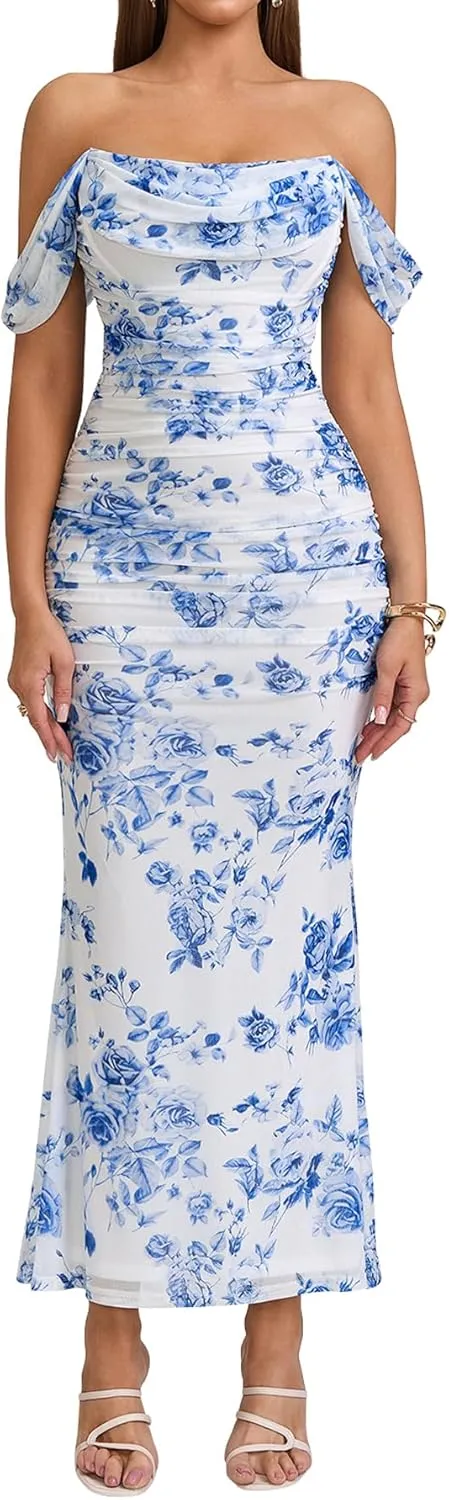 KUTUMAI Off The Shoulder Maxi Long Dress Corset Ruched Bodycon Formal Wedding Guest Dresses for Women