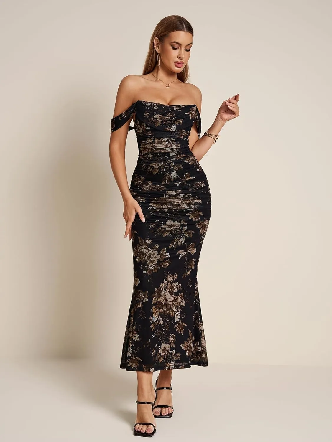 KUTUMAI Off The Shoulder Maxi Long Dress Corset Ruched Bodycon Formal Wedding Guest Dresses for Women