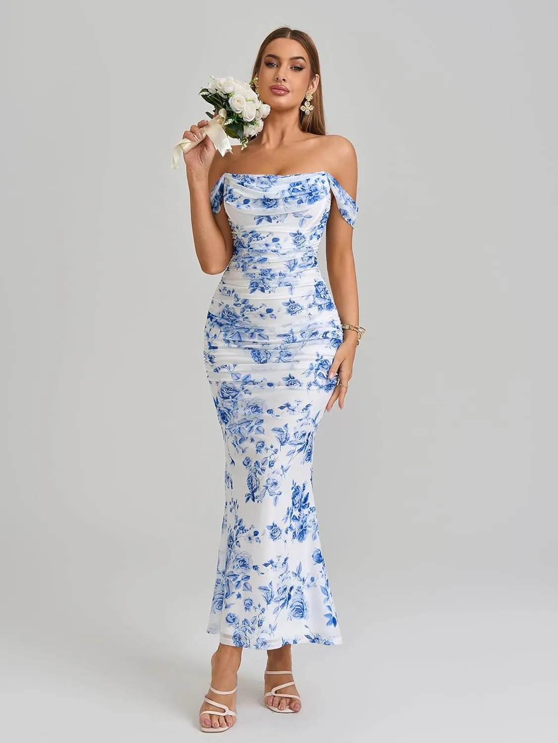 KUTUMAI Off The Shoulder Maxi Long Dress Corset Ruched Bodycon Formal Wedding Guest Dresses for Women