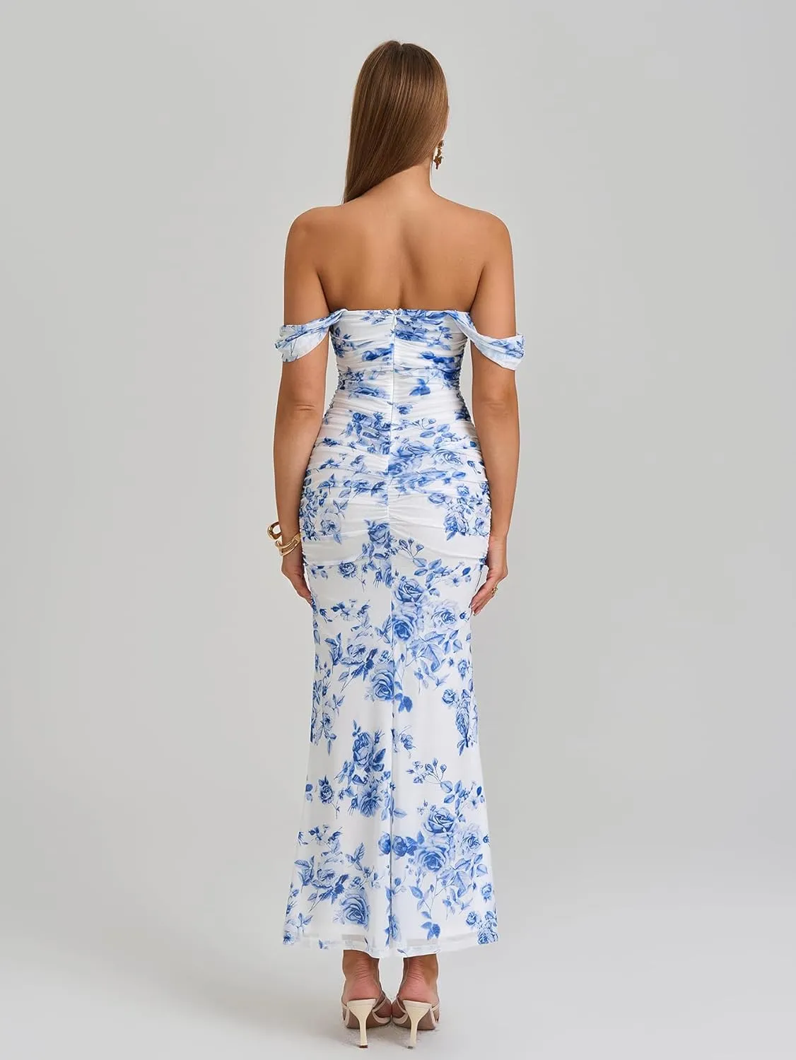 KUTUMAI Off The Shoulder Maxi Long Dress Corset Ruched Bodycon Formal Wedding Guest Dresses for Women