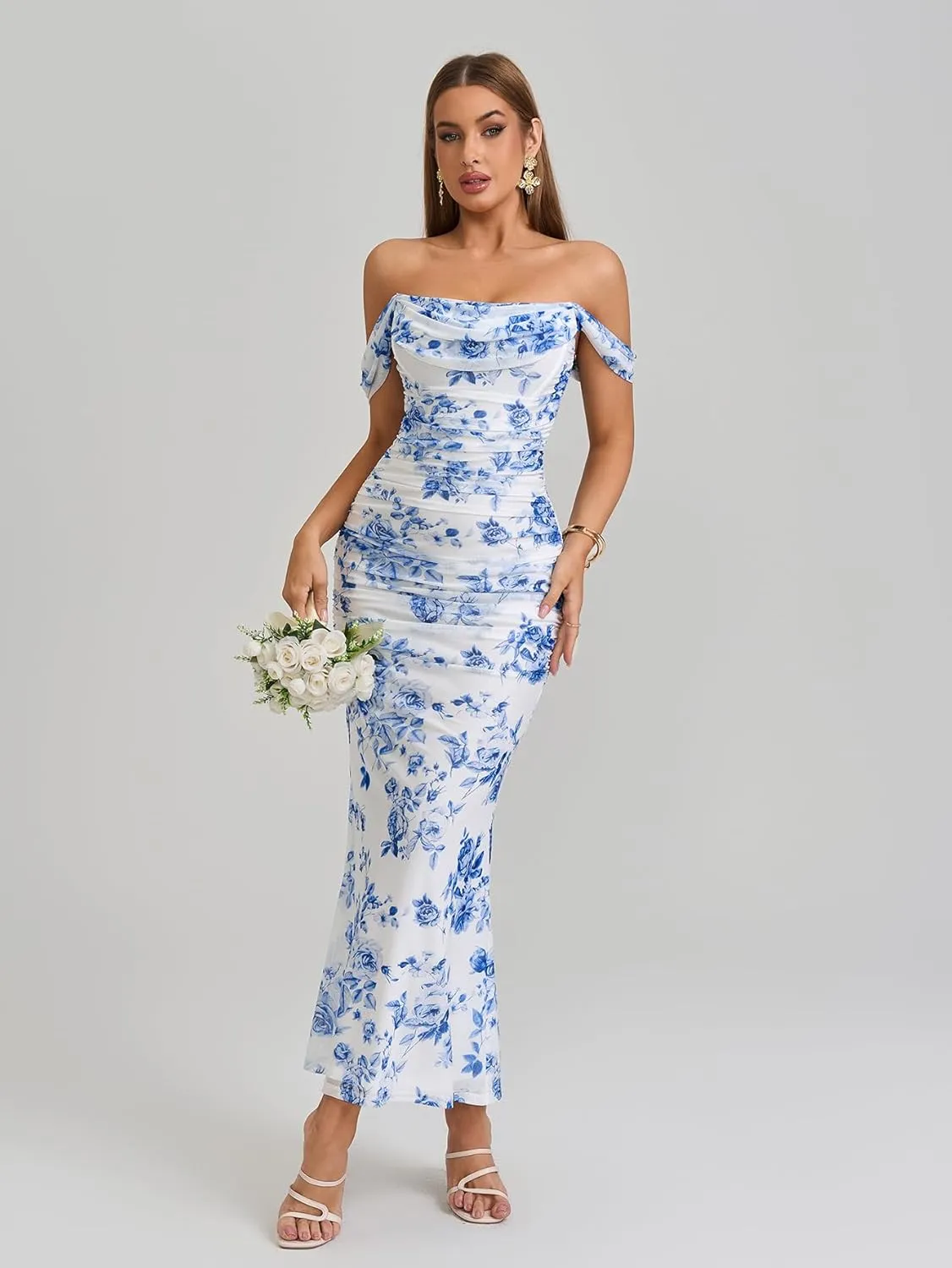 KUTUMAI Off The Shoulder Maxi Long Dress Corset Ruched Bodycon Formal Wedding Guest Dresses for Women