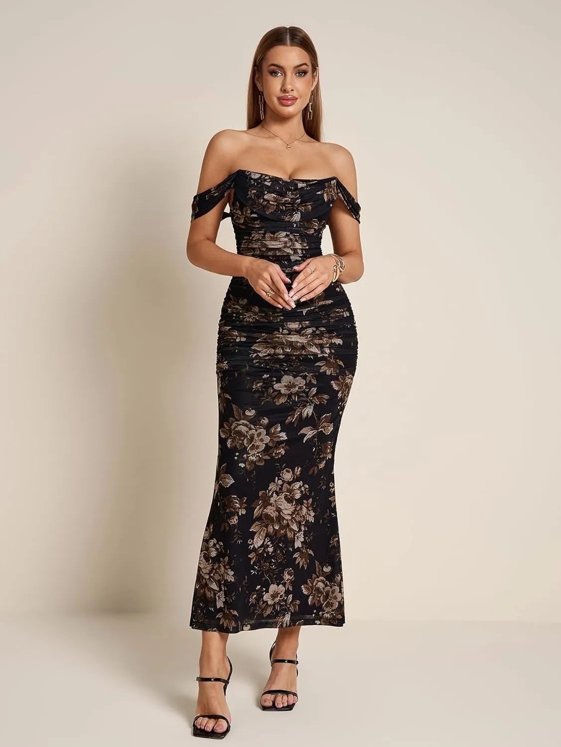 KUTUMAI Off The Shoulder Maxi Long Dress Corset Ruched Bodycon Formal Wedding Guest Dresses for Women