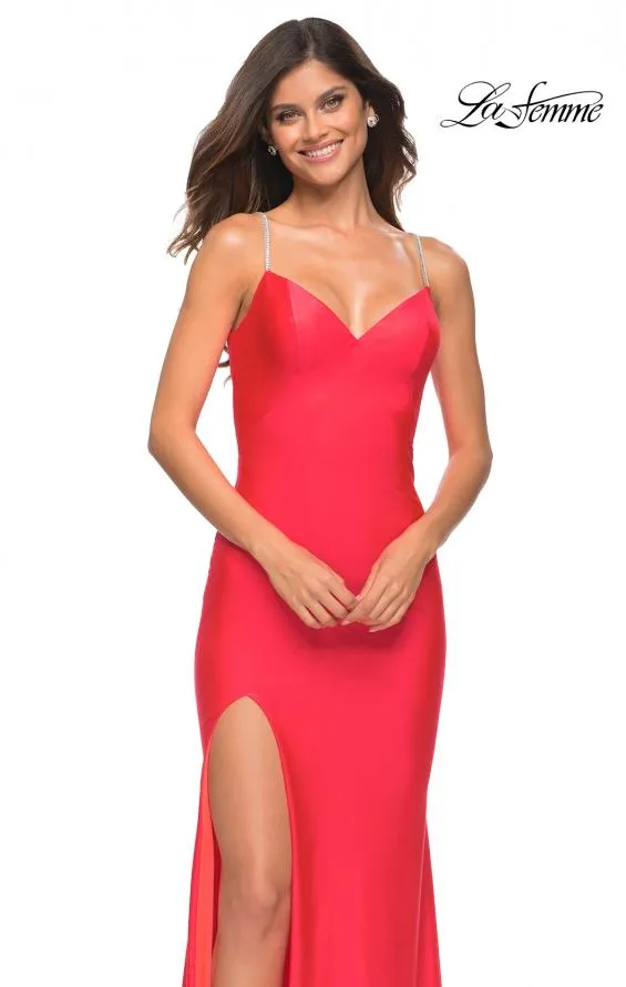 La Femme 30602 Sweetheart Gown with Rhinestone Straps with Leg Slit