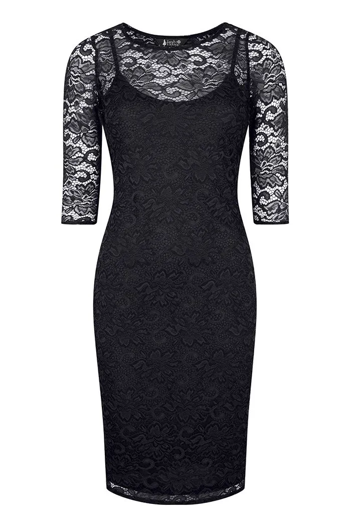 Lady Vintage Beatrice Wiggle Dress in Black Lace Classic