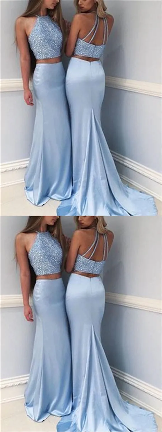 Light Blue Halter Beaded Long Soft Satin Prom Dresses