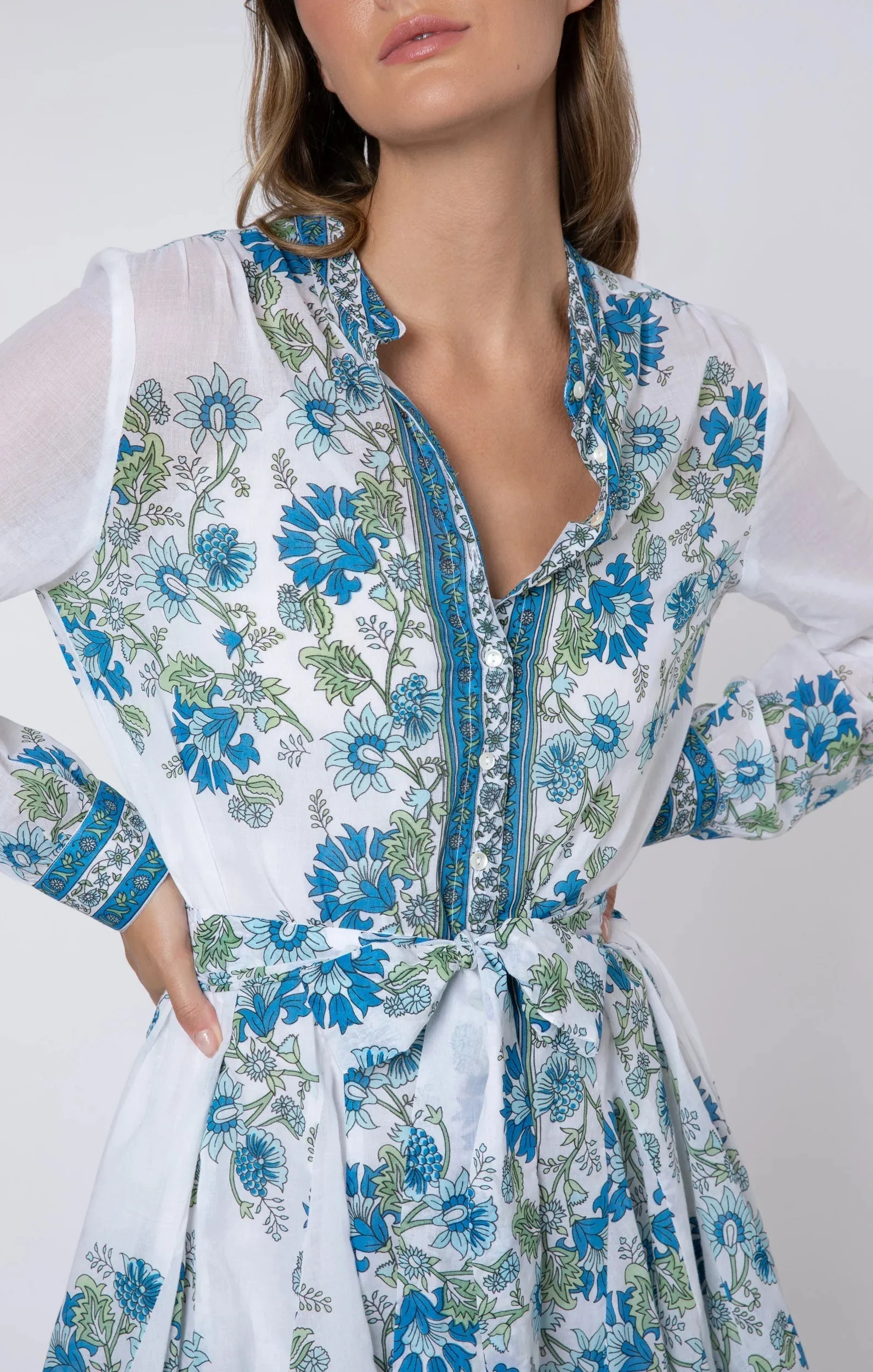 Long Sleeve Godet Dress Rose Border Print White/blue/aqua