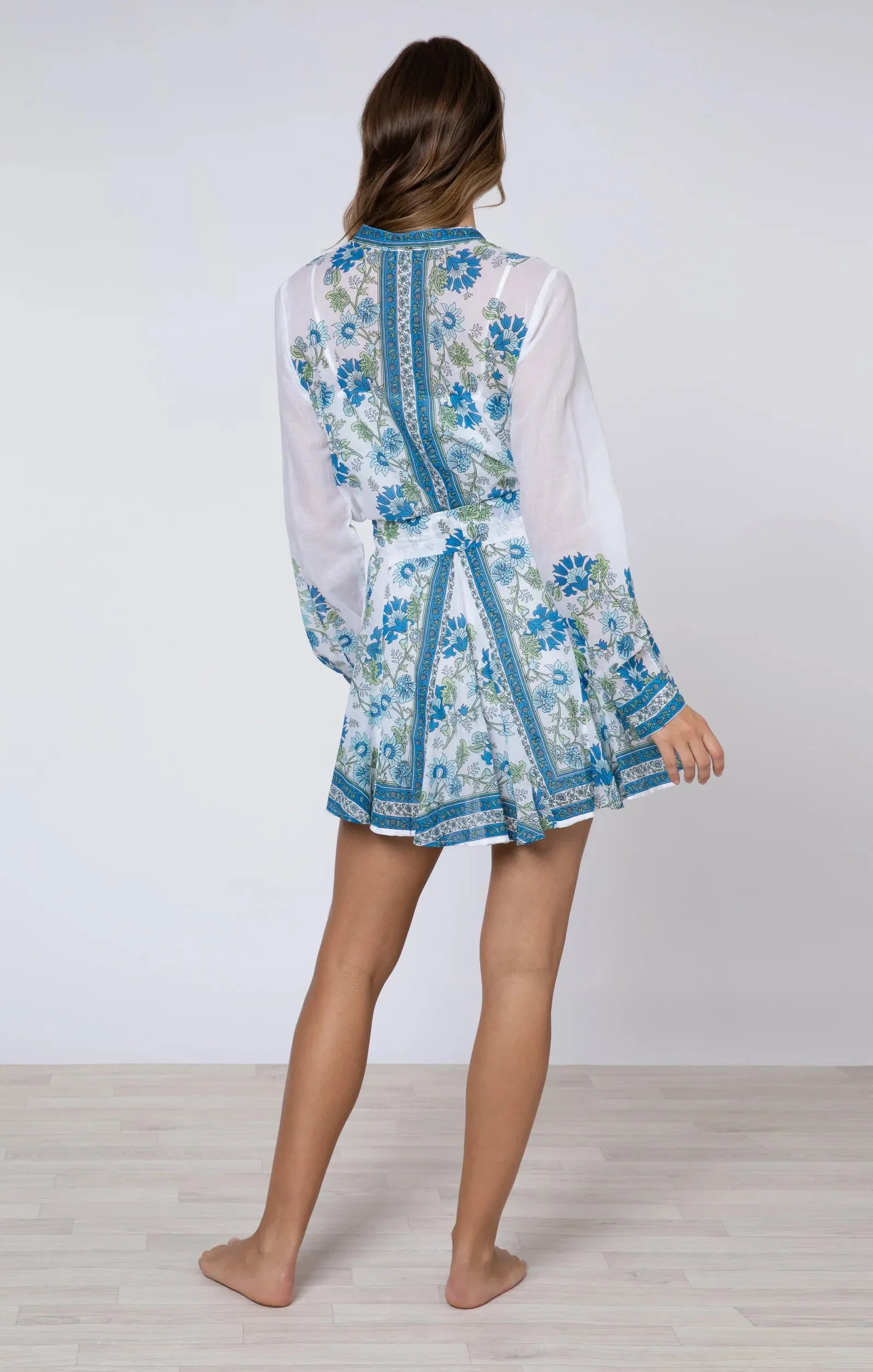 Long Sleeve Godet Dress Rose Border Print White/blue/aqua