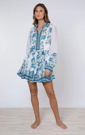 Long Sleeve Godet Dress Rose Border Print White/blue/aqua