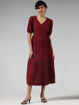 LOV Solid Burgundy Crinkled Tiered Dress
