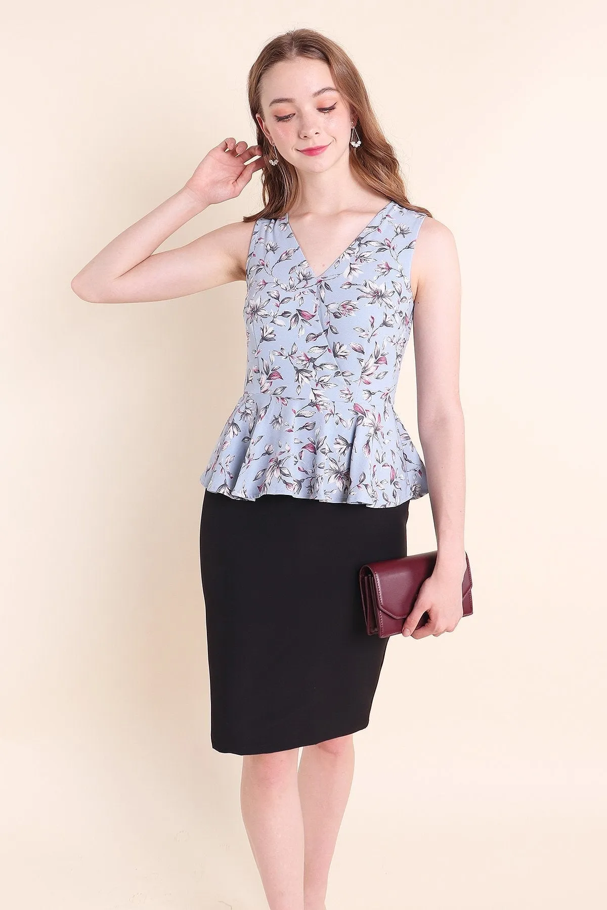 MADEBYNM DONATELLO FLORAL PEPLUM WORK DRESS IN POWDER BLUE [S/M/L]