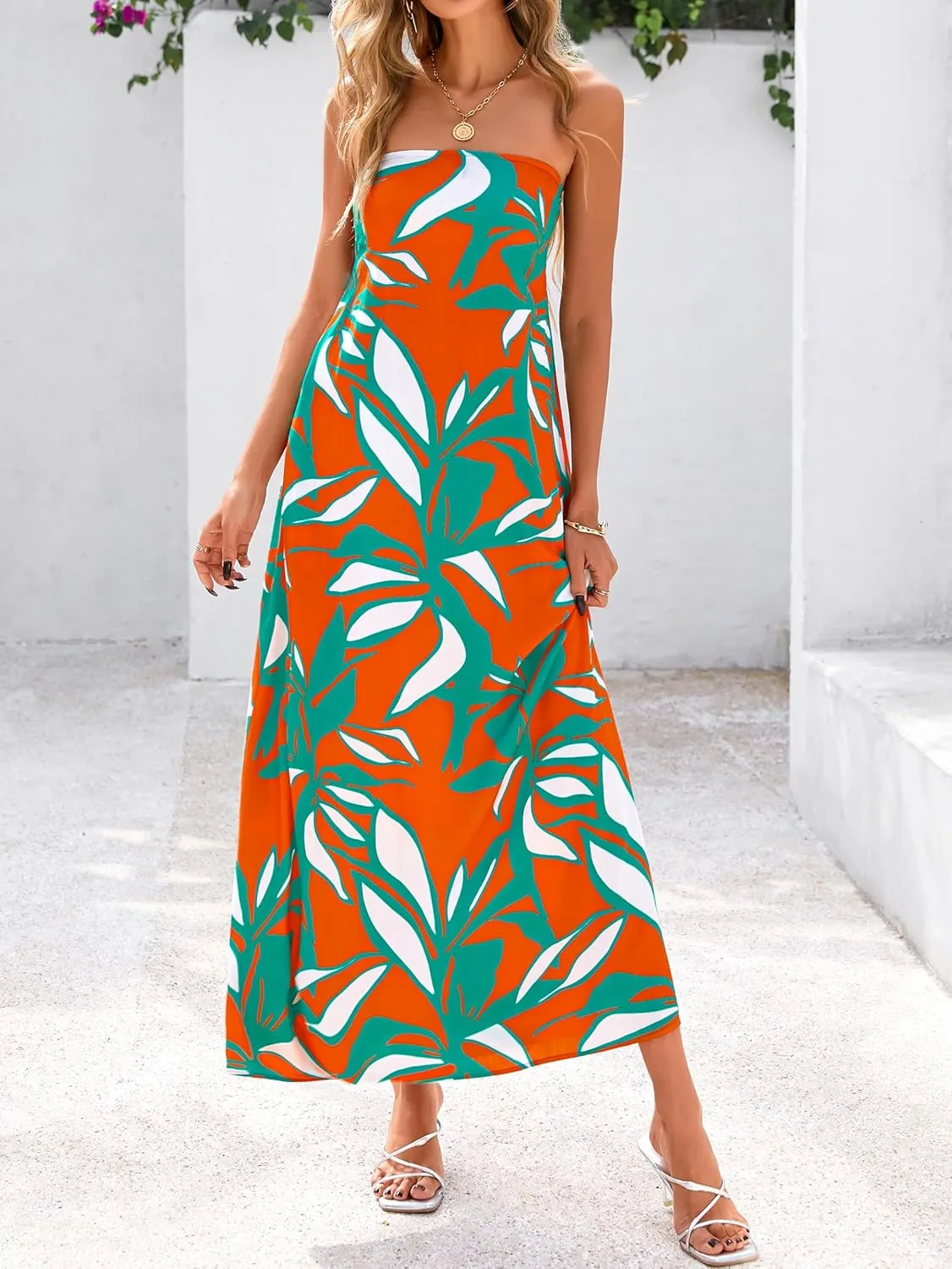 MASCOMODA Tube Strapless Top Dress for Women 2025 Summer Beach Long Maxi Dresses Smocked Boho Floral Flowy Resort Sundress