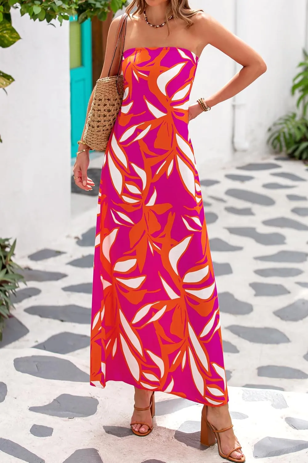 MASCOMODA Tube Strapless Top Dress for Women 2025 Summer Beach Long Maxi Dresses Smocked Boho Floral Flowy Resort Sundress