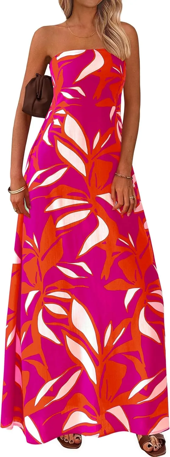 MASCOMODA Tube Strapless Top Dress for Women 2025 Summer Beach Long Maxi Dresses Smocked Boho Floral Flowy Resort Sundress