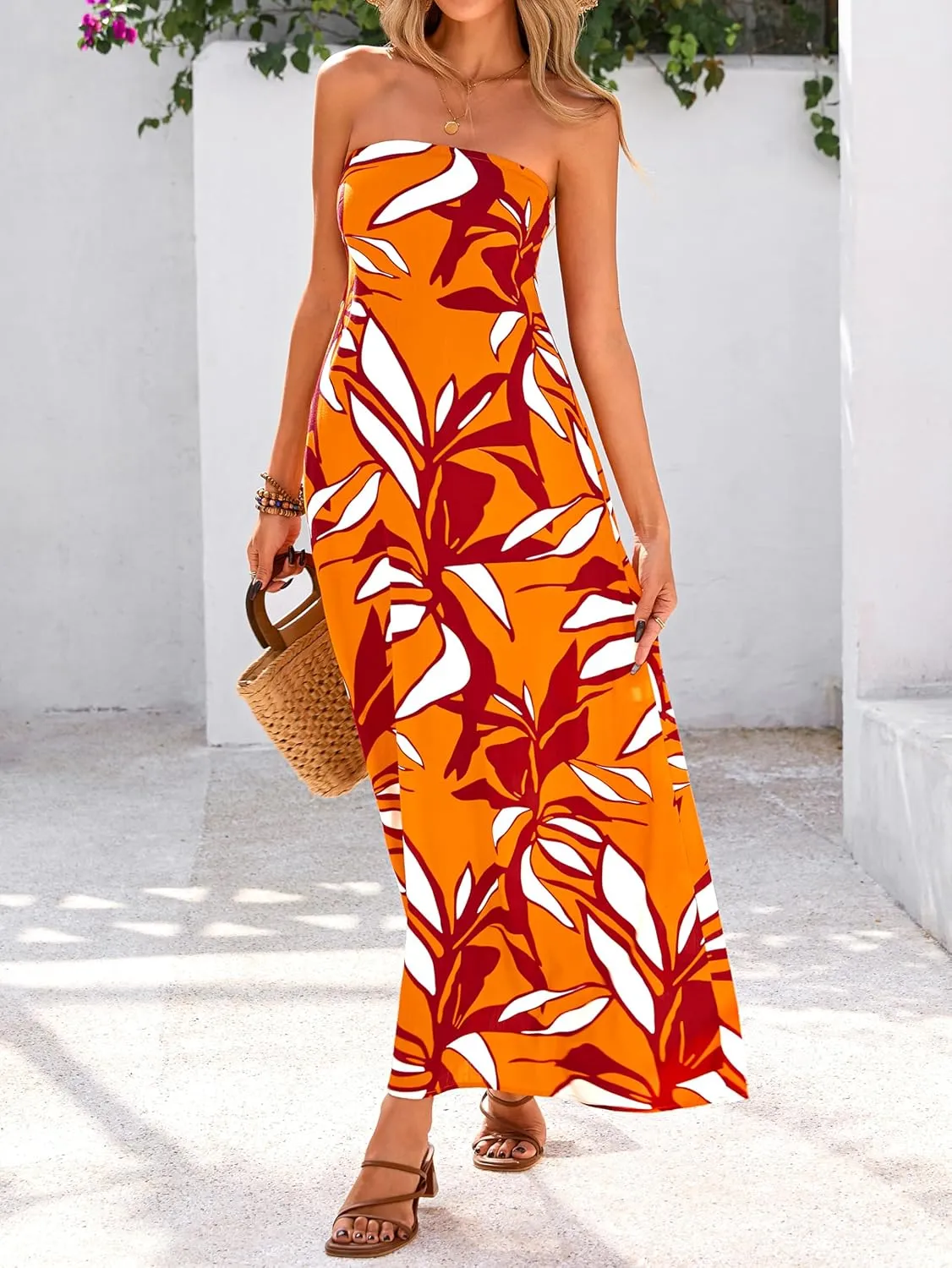 MASCOMODA Tube Strapless Top Dress for Women 2025 Summer Beach Long Maxi Dresses Smocked Boho Floral Flowy Resort Sundress