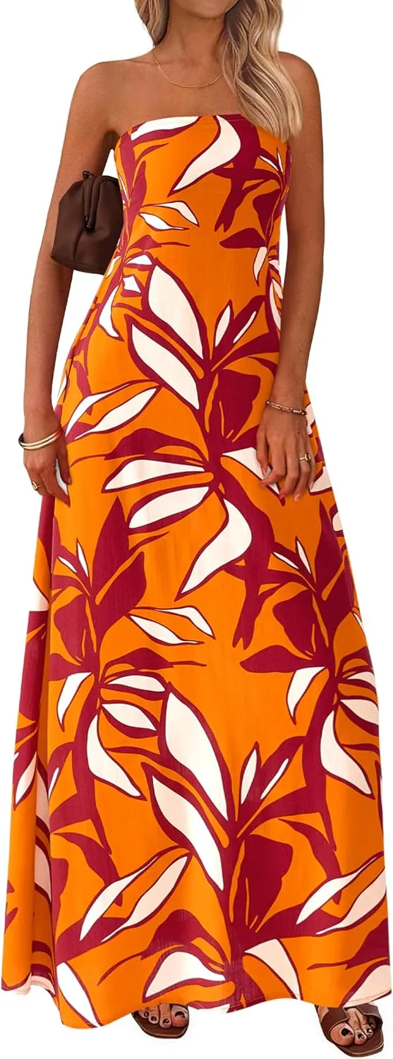MASCOMODA Tube Strapless Top Dress for Women 2025 Summer Beach Long Maxi Dresses Smocked Boho Floral Flowy Resort Sundress