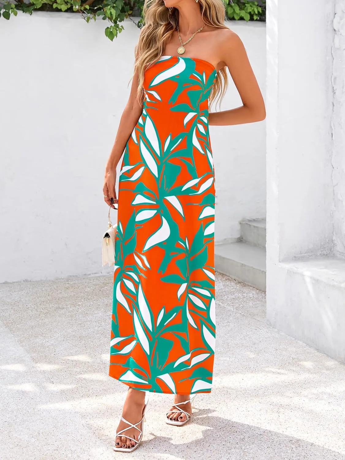 MASCOMODA Tube Strapless Top Dress for Women 2025 Summer Beach Long Maxi Dresses Smocked Boho Floral Flowy Resort Sundress