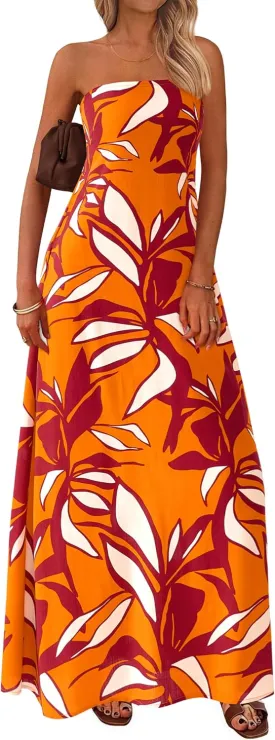 MASCOMODA Tube Strapless Top Dress for Women 2025 Summer Beach Long Maxi Dresses Smocked Boho Floral Flowy Resort Sundress