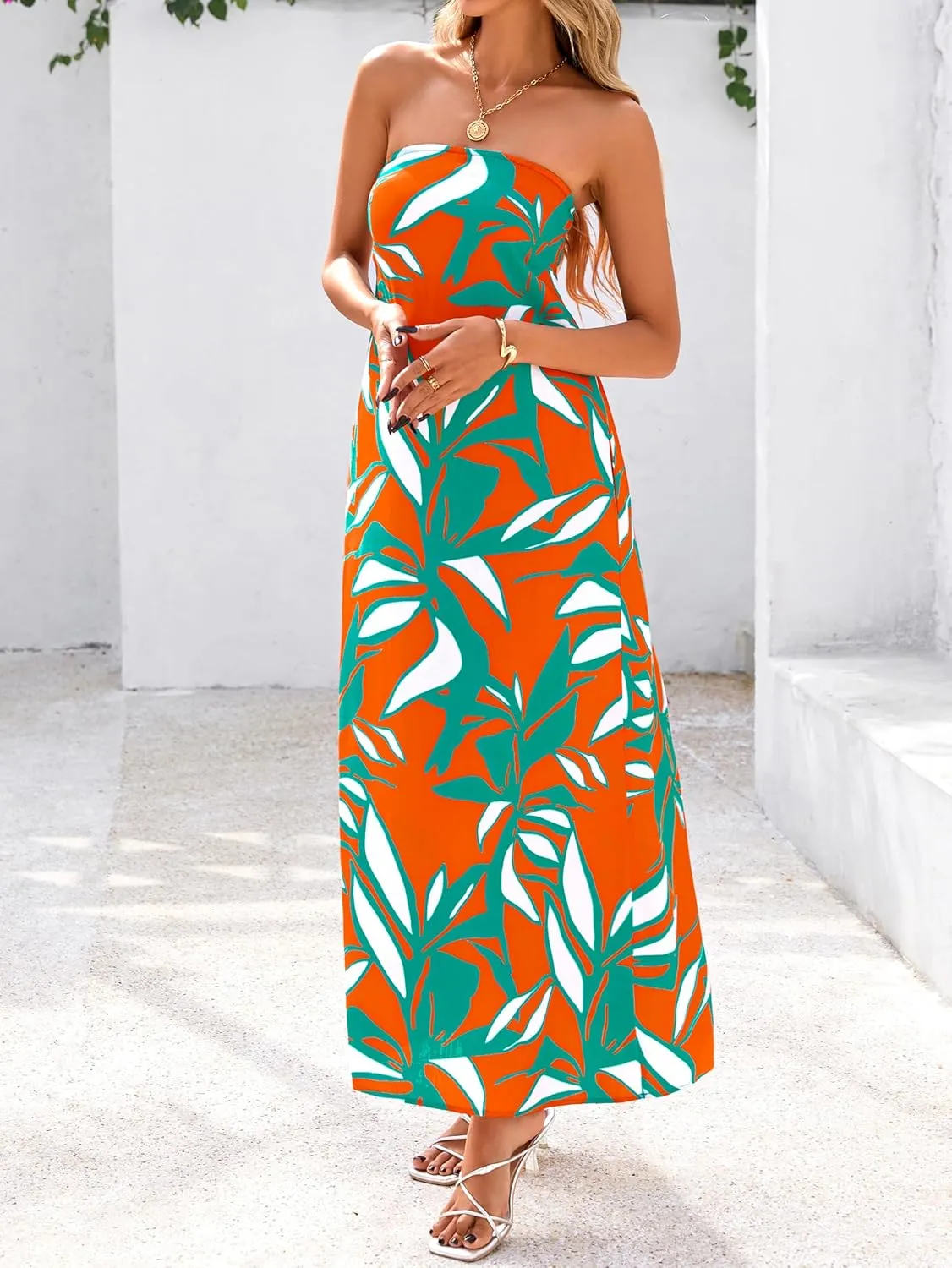 MASCOMODA Tube Strapless Top Dress for Women 2025 Summer Beach Long Maxi Dresses Smocked Boho Floral Flowy Resort Sundress