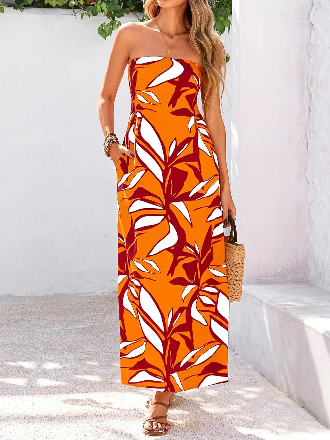 MASCOMODA Tube Strapless Top Dress for Women 2025 Summer Beach Long Maxi Dresses Smocked Boho Floral Flowy Resort Sundress