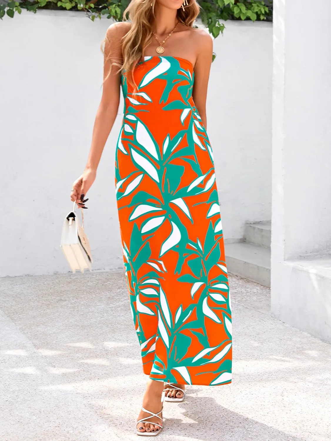MASCOMODA Tube Strapless Top Dress for Women 2025 Summer Beach Long Maxi Dresses Smocked Boho Floral Flowy Resort Sundress