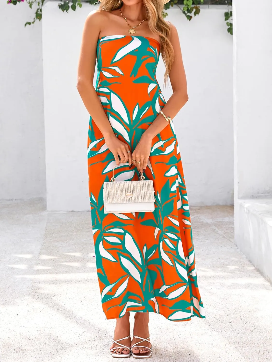 MASCOMODA Tube Strapless Top Dress for Women 2025 Summer Beach Long Maxi Dresses Smocked Boho Floral Flowy Resort Sundress