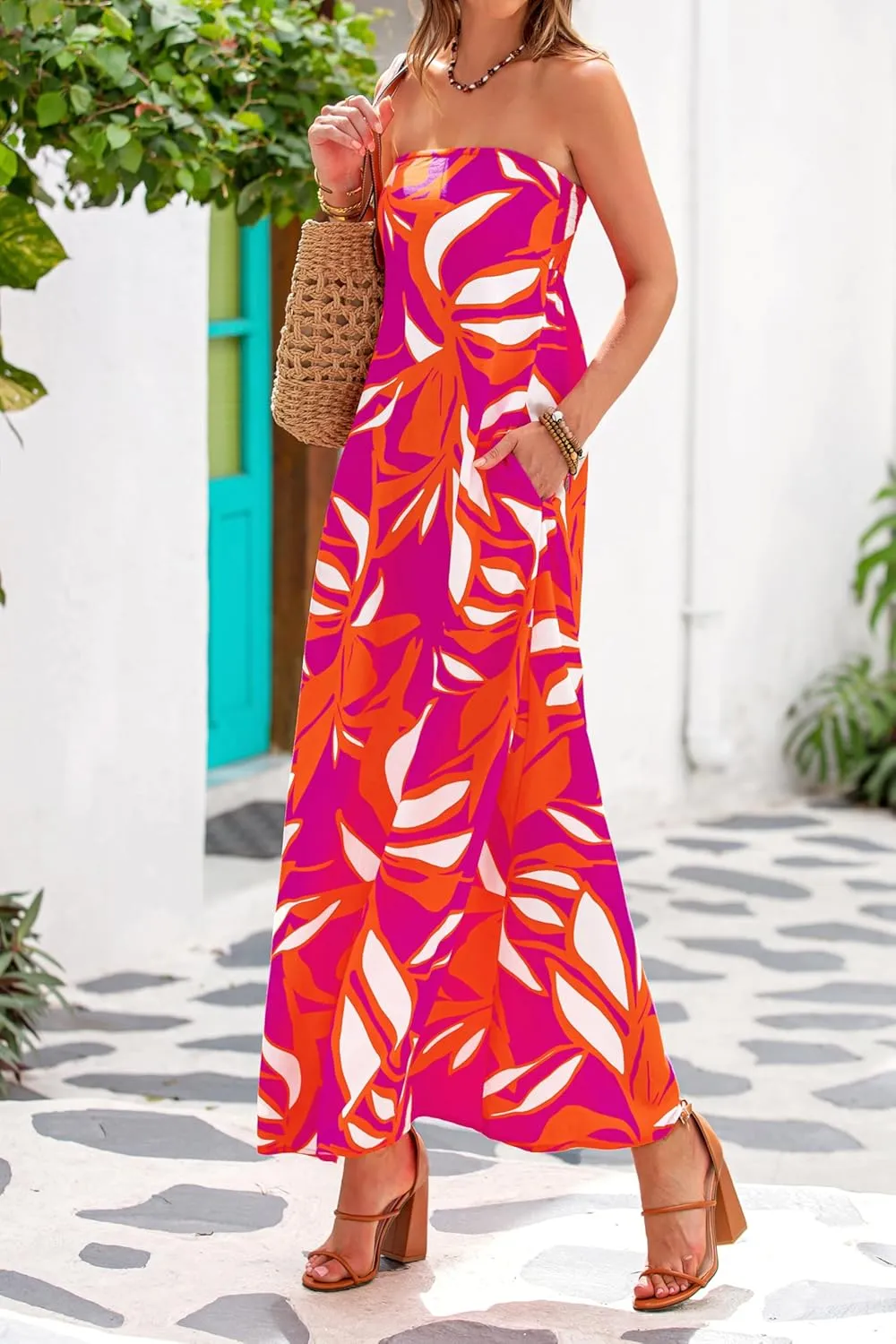 MASCOMODA Tube Strapless Top Dress for Women 2025 Summer Beach Long Maxi Dresses Smocked Boho Floral Flowy Resort Sundress