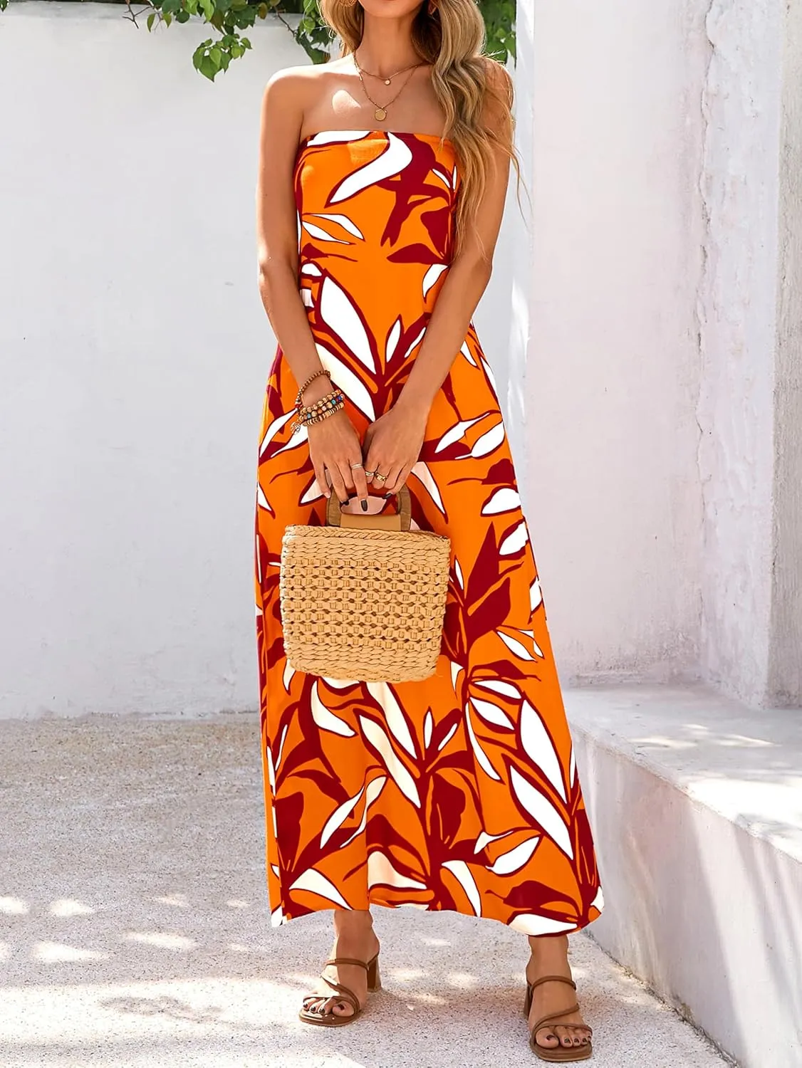 MASCOMODA Tube Strapless Top Dress for Women 2025 Summer Beach Long Maxi Dresses Smocked Boho Floral Flowy Resort Sundress