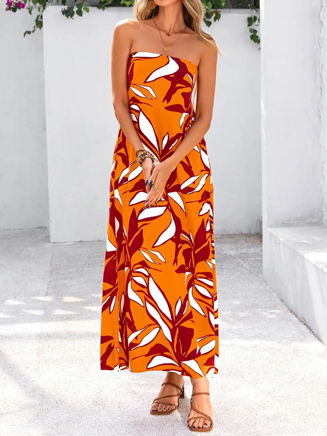 MASCOMODA Tube Strapless Top Dress for Women 2025 Summer Beach Long Maxi Dresses Smocked Boho Floral Flowy Resort Sundress