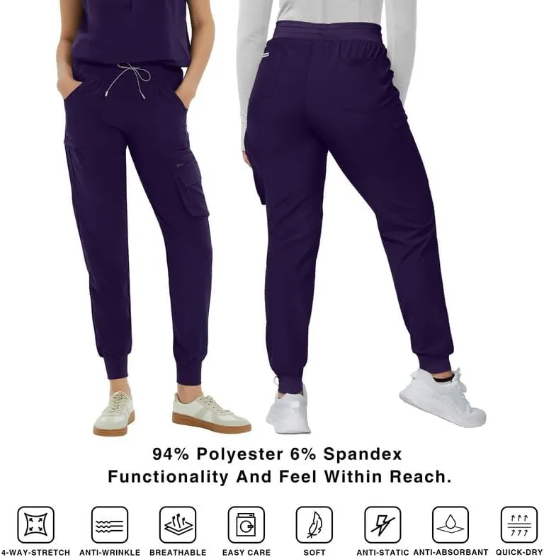 Medical Scrub Pants for Women  Mid Rise Jogger Pants with Yoga Waistband, 4-Way Stretch, Anti-Wrinkle & 8 Pockets