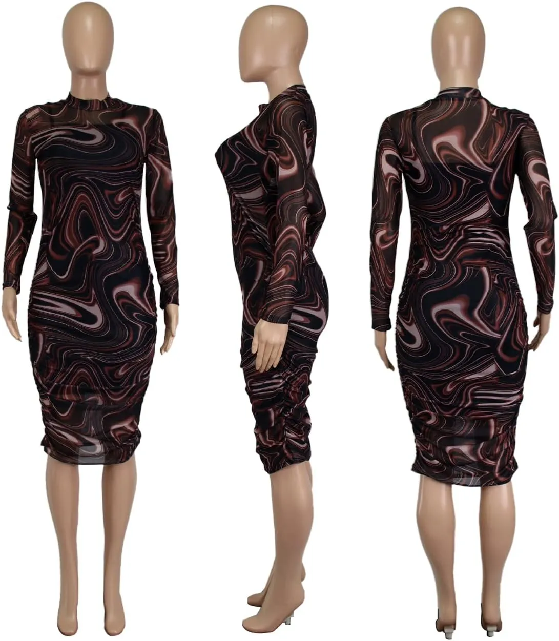 MOEENCN Sexy Long Sleeve Midi Dress for Women Sheer Mesh Printed 2 Piece Skirt Set Crew Neck Bodycon Party Clubwear Dresses