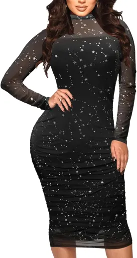 MOEENCN Sexy Long Sleeve Midi Dress for Women Sheer Mesh Printed 2 Piece Skirt Set Crew Neck Bodycon Party Clubwear Dresses