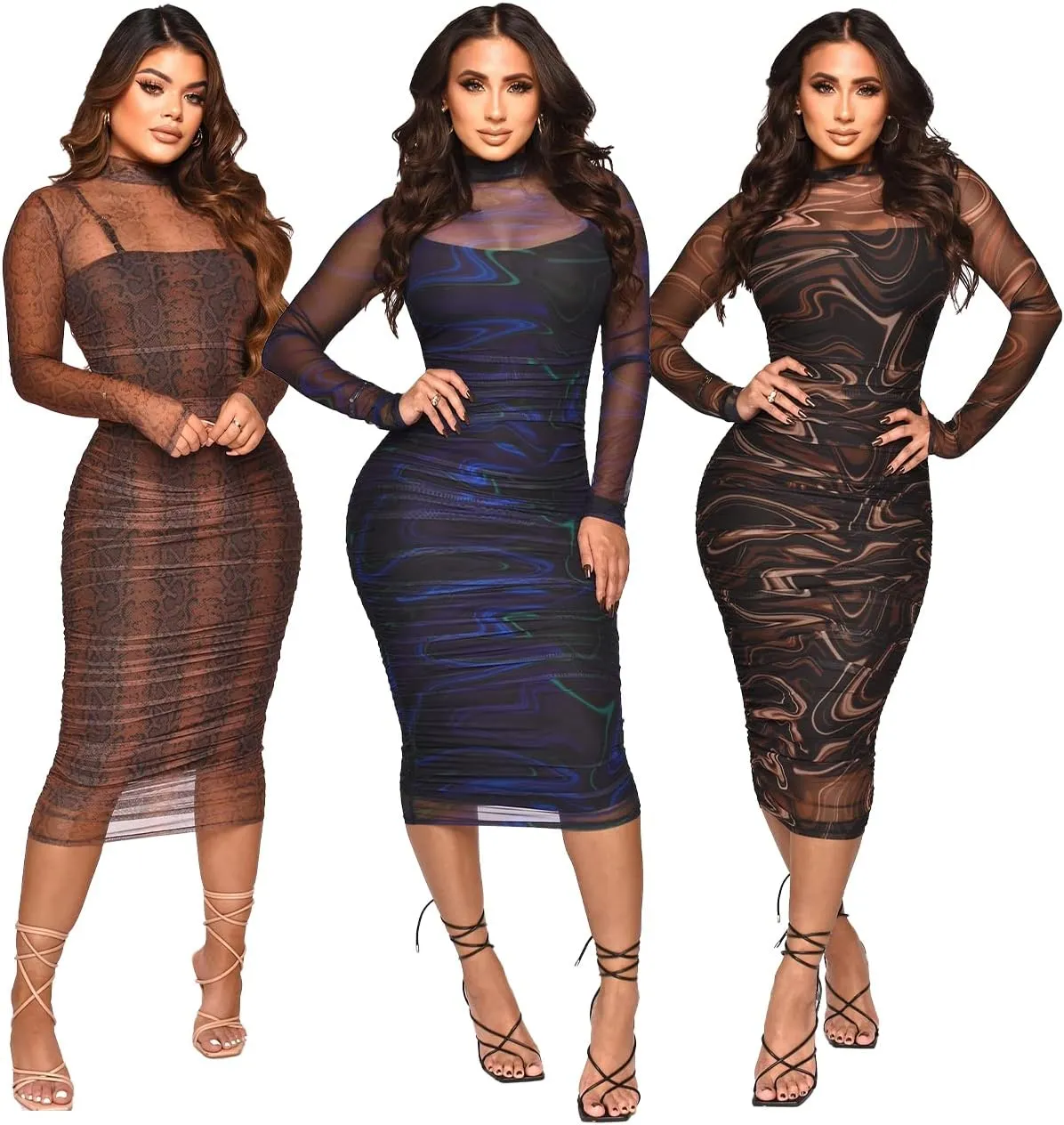 MOEENCN Sexy Long Sleeve Midi Dress for Women Sheer Mesh Printed 2 Piece Skirt Set Crew Neck Bodycon Party Clubwear Dresses