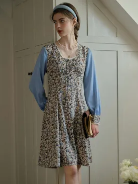 Nicole Square Neck Bow Floral Print Lace Contrast Dress