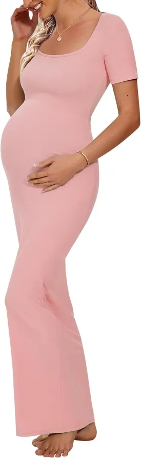 Peauty Women's Ribbed Maxi Dress Body-Hugging Fit Maternity Dress Before During After Pregnancy