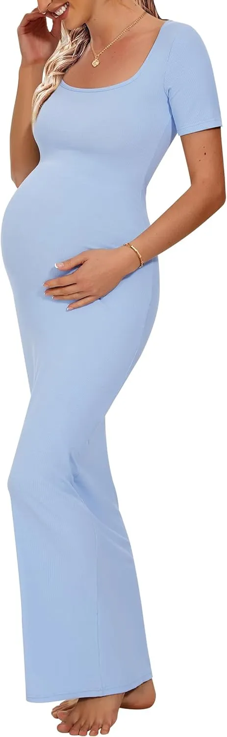 Peauty Women's Ribbed Maxi Dress Body-Hugging Fit Maternity Dress Before During After Pregnancy