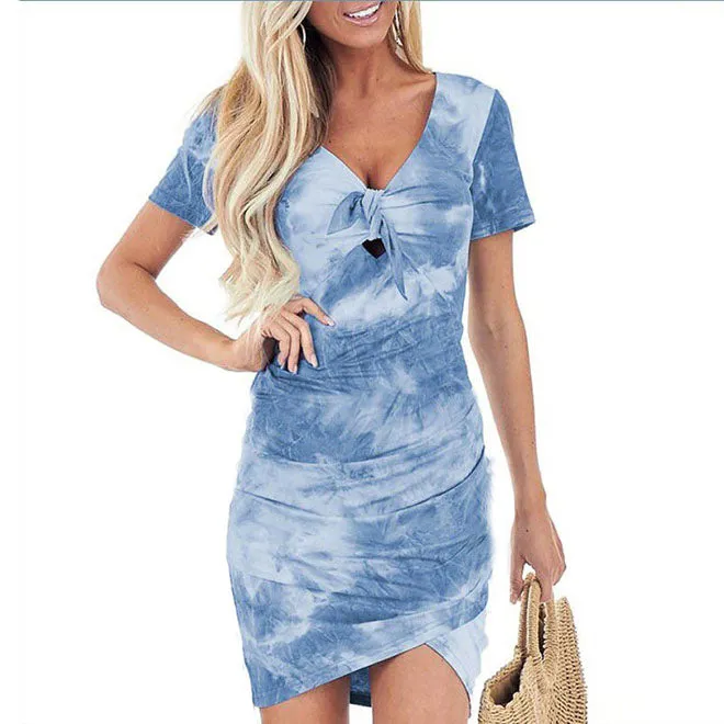 Popular Front Tie Knot Tie Dye Dress Short Sleeve