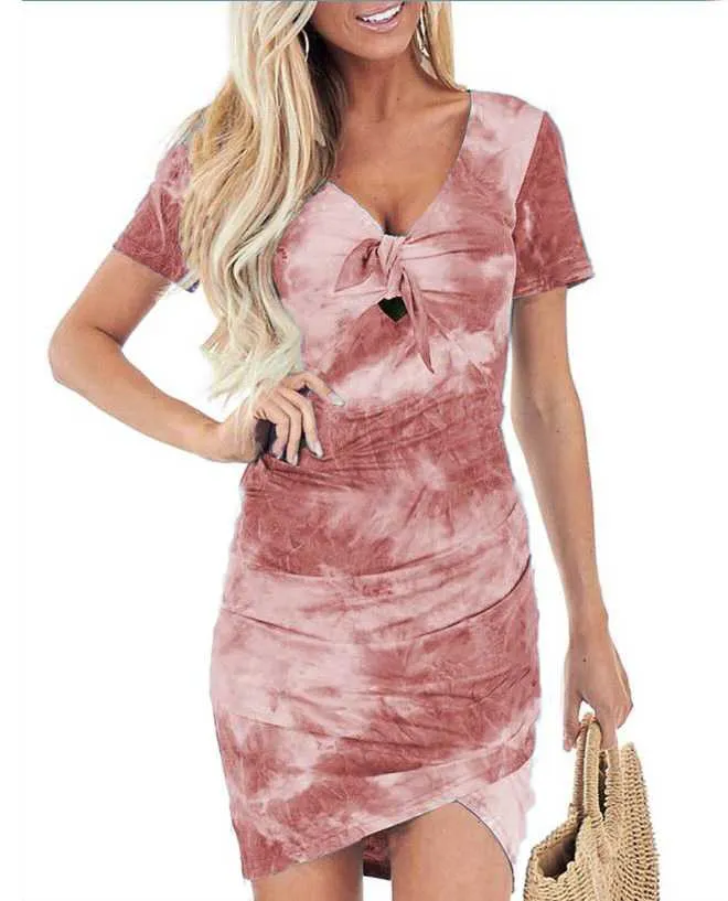 Popular Front Tie Knot Tie Dye Dress Short Sleeve