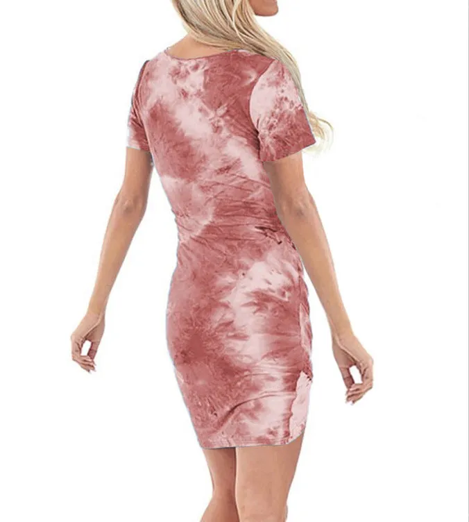 Popular Front Tie Knot Tie Dye Dress Short Sleeve