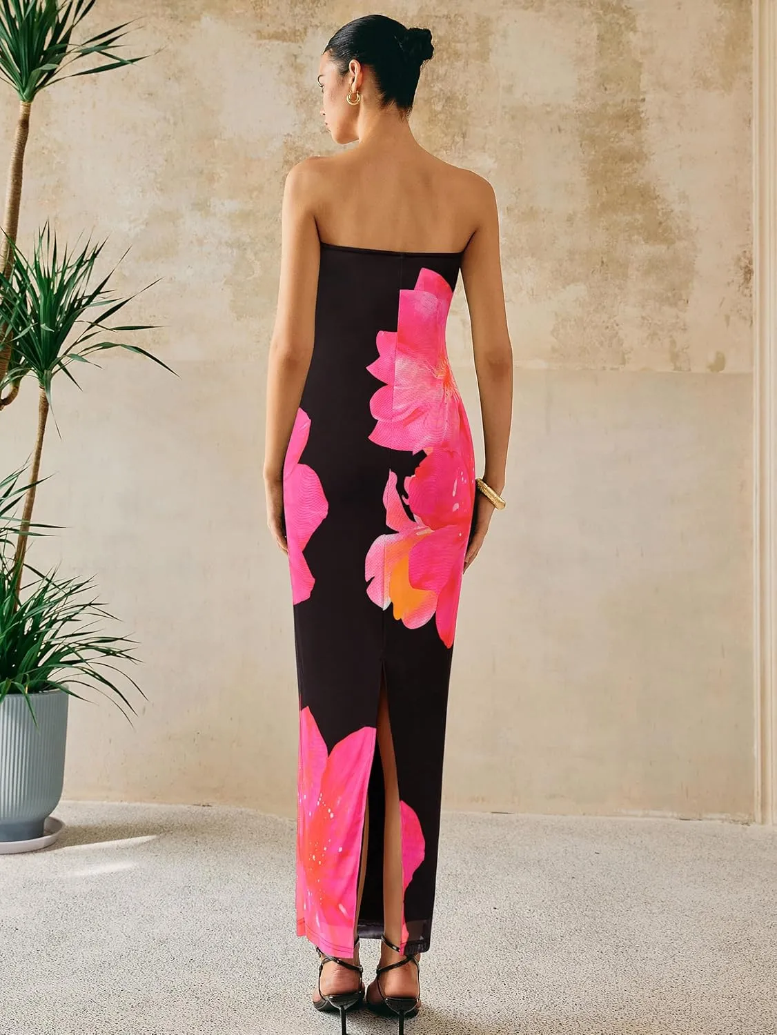 PRETTYGARDEN Women Summer Strapless Maxi Dress Bodycon Floral Sexy Long Wedding Guest Dress Formal Tube Mesh Cocktail Dresses
