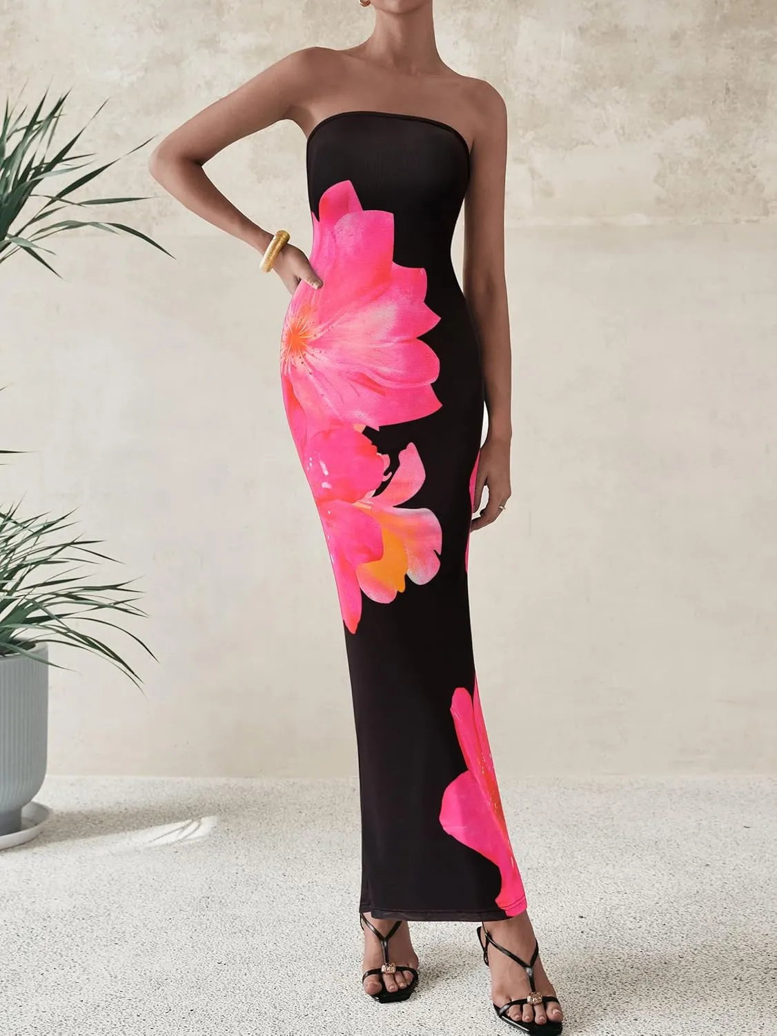 PRETTYGARDEN Women Summer Strapless Maxi Dress Bodycon Floral Sexy Long Wedding Guest Dress Formal Tube Mesh Cocktail Dresses