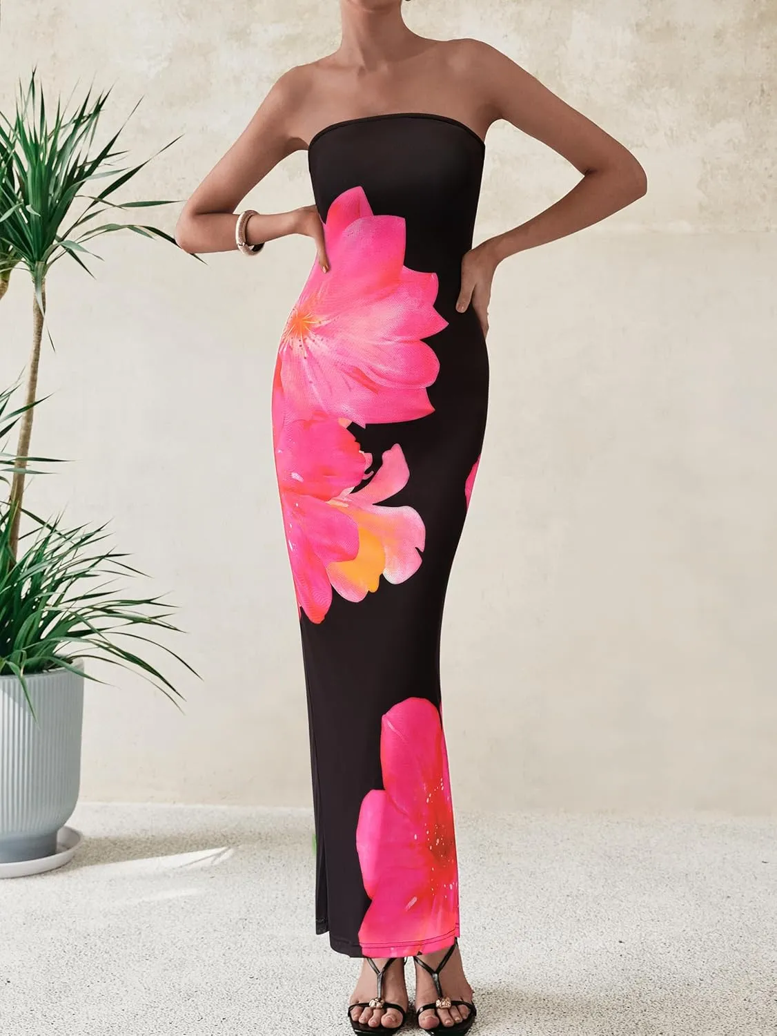 PRETTYGARDEN Women Summer Strapless Maxi Dress Bodycon Floral Sexy Long Wedding Guest Dress Formal Tube Mesh Cocktail Dresses