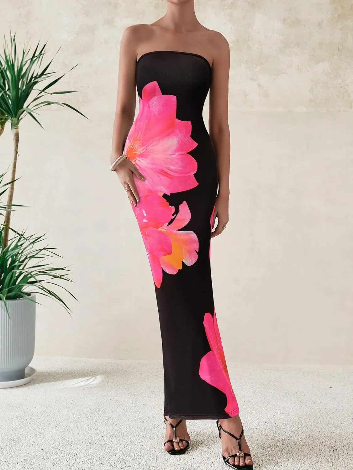 PRETTYGARDEN Women Summer Strapless Maxi Dress Bodycon Floral Sexy Long Wedding Guest Dress Formal Tube Mesh Cocktail Dresses