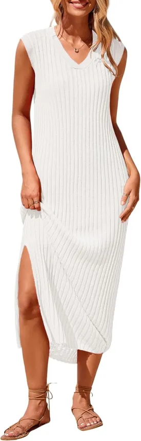 PRETTYGARDEN Women's 2025 Summer Casual Maxi Dresses Ribbed Knit Sleeveless V Neck 2 Piece Outfits with Slip Under Dress